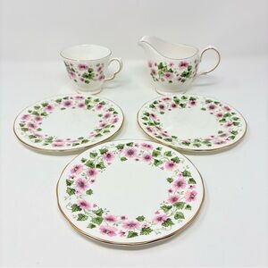 5pc Queen Anne England Bone China Milk Creamer & Coffee Cup & Dessert Plates